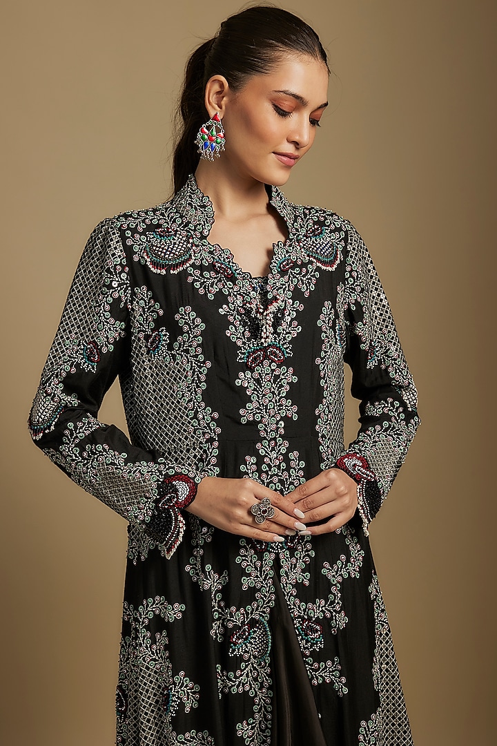 Black Silk Hand Embroidered Jacket Set by Nupur Kanoi at Pernia's Pop Up Shop