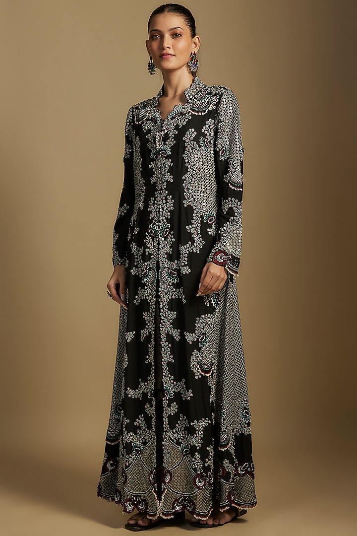 Black Silk Hand Embroidered Jacket Set by Nupur Kanoi at Pernia's Pop Up Shop