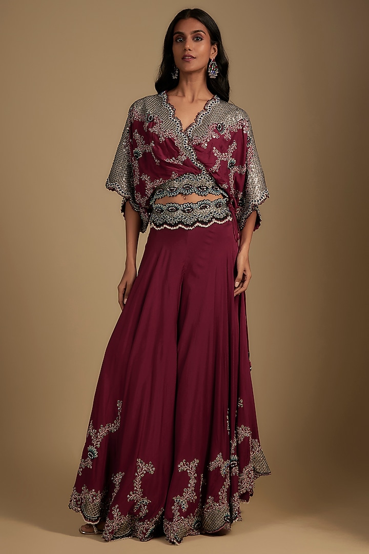Burgundy Silk & Crepe Sequin Embroidered Bridal Sharara Set by Nupur Kanoi at Pernia's Pop Up Shop