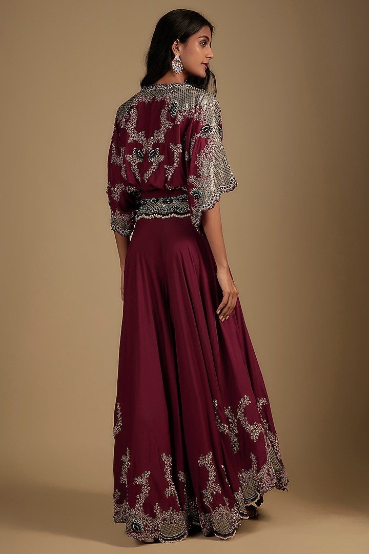 Burgundy Silk & Crepe Sequin Embroidered Bridal Sharara Set by Nupur Kanoi at Pernia's Pop Up Shop