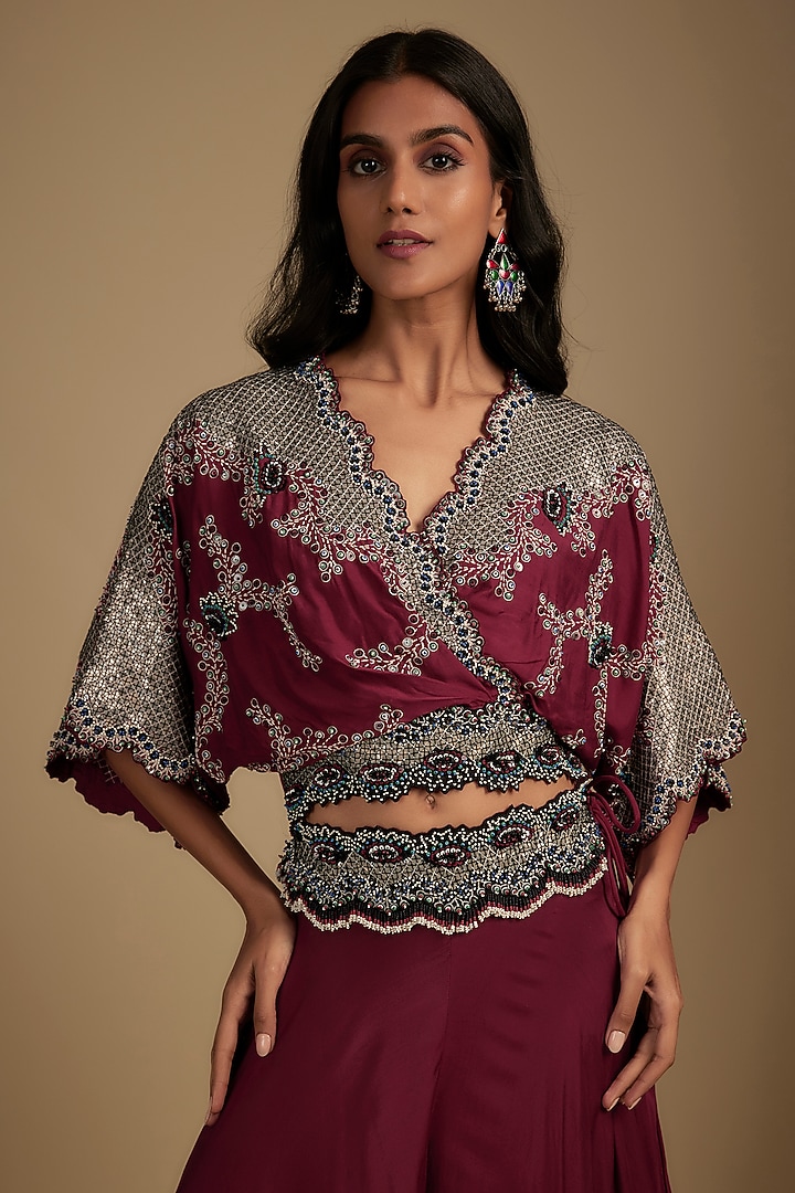 Burgundy Silk & Crepe Sequin Embroidered Bridal Sharara Set by Nupur Kanoi at Pernia's Pop Up Shop