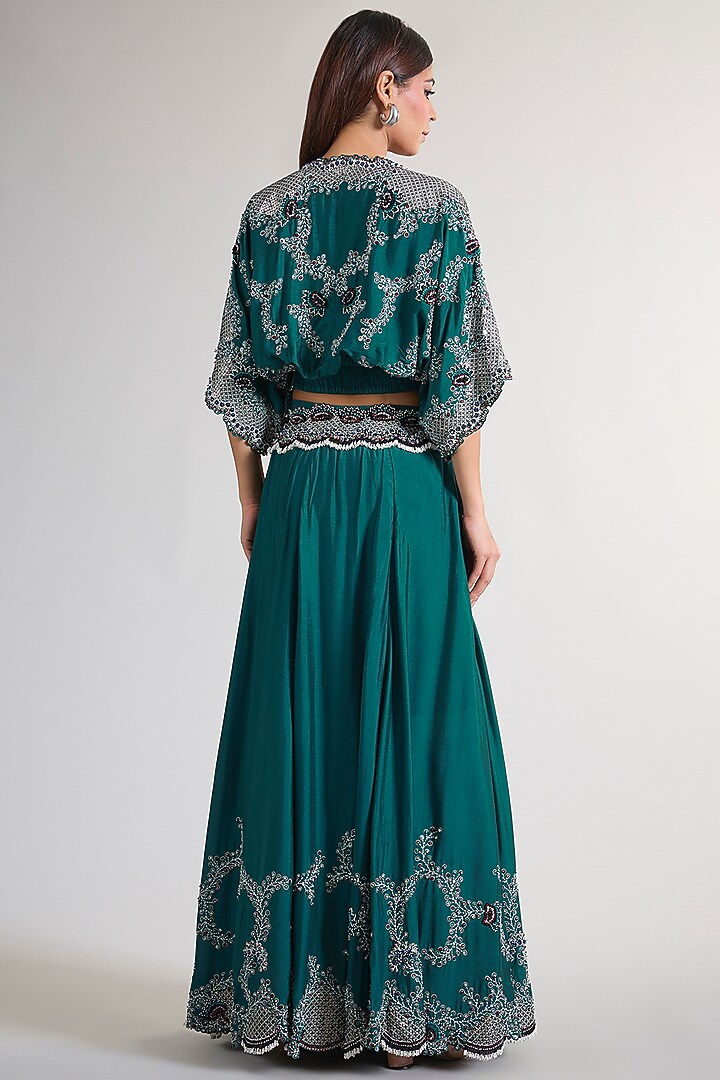 Teal Silk & Crepe Hand Embroidered Bridal Lehenga Set by Nupur Kanoi at Pernia's Pop Up Shop