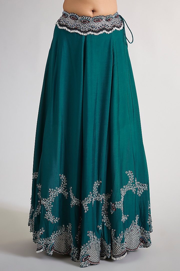 Teal Silk & Crepe Hand Embroidered Bridal Lehenga Set by Nupur Kanoi at Pernia's Pop Up Shop