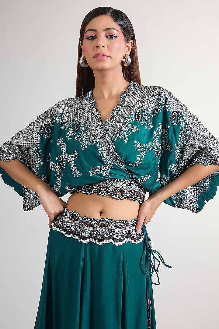 Teal Silk & Crepe Hand Embroidered Bridal Lehenga Set by Nupur Kanoi at Pernia's Pop Up Shop