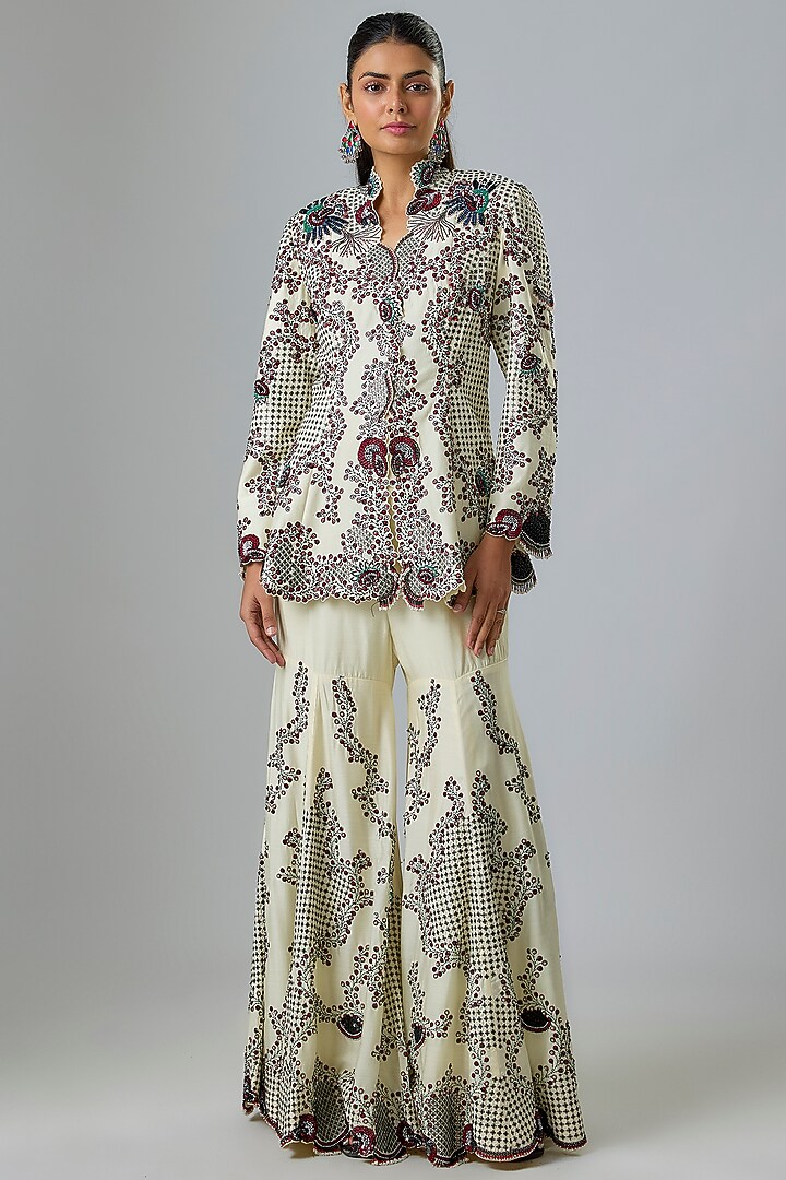 Off-White Silk & Crepe Hand Embroidered Gharara Set by Nupur Kanoi at Pernia's Pop Up Shop