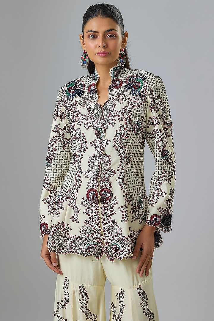 Off-White Silk & Crepe Hand Embroidered Gharara Set by Nupur Kanoi at Pernia's Pop Up Shop