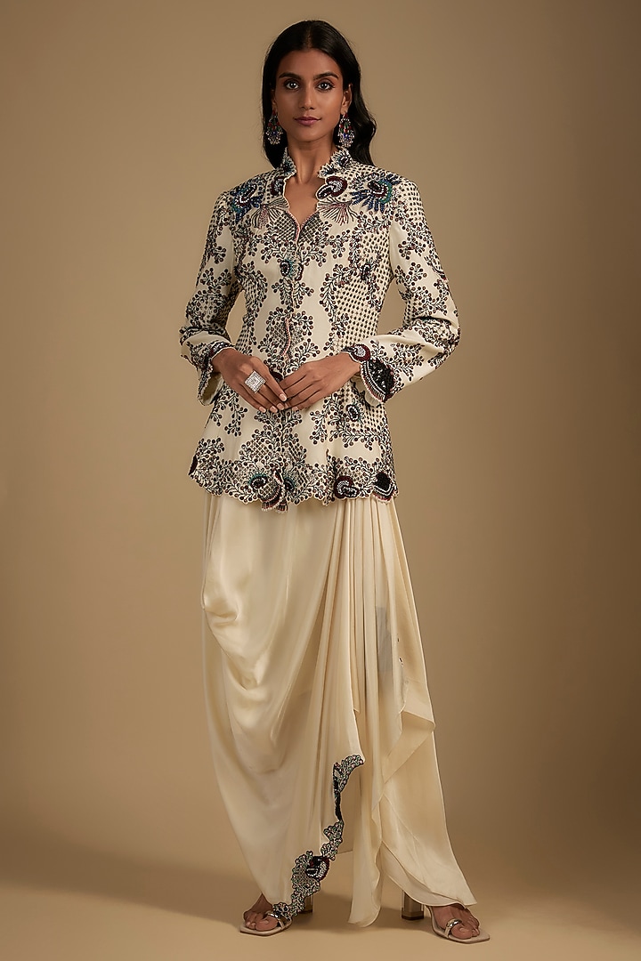 Ivory Satin Gathered Cowl Skirt Set by Nupur Kanoi at Pernia's Pop Up Shop