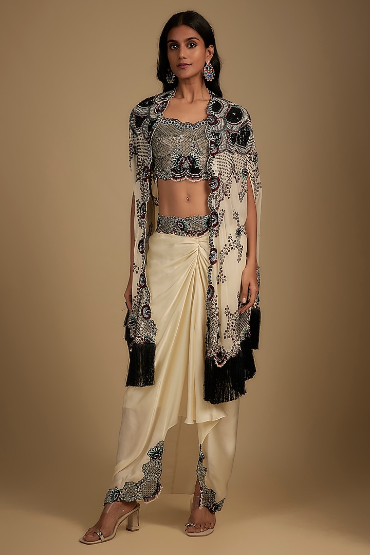 Ivory Georgette Sequin Hand Embroidered Fringed Cape Set by Nupur Kanoi at Pernia's Pop Up Shop