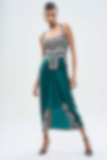 Teal Satin Hand Embroidered Skirt Set by Nupur Kanoi at Pernia's Pop Up Shop