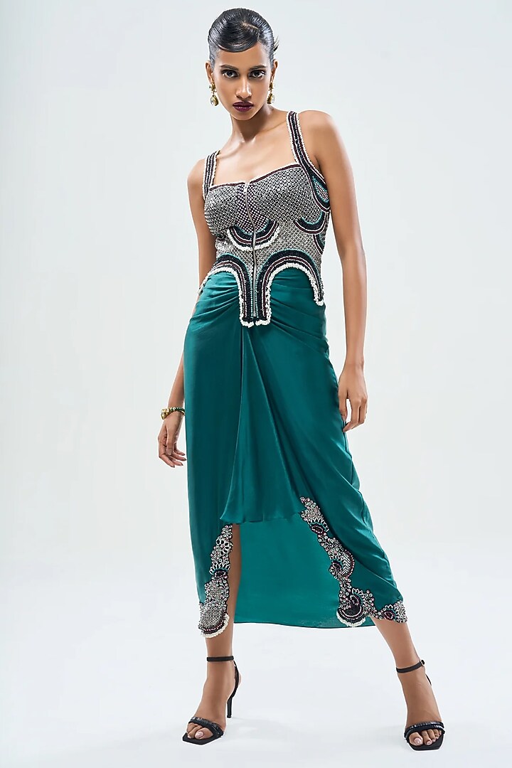 Teal Satin Hand Embroidered Skirt Set by Nupur Kanoi at Pernia's Pop Up Shop