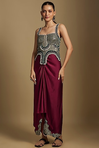 Burgundy Satin Skirt Set by Nupur Kanoi