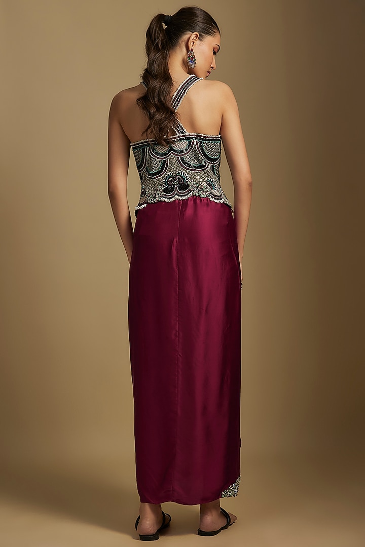 Burgundy Satin Skirt Set by Nupur Kanoi at Pernia's Pop Up Shop