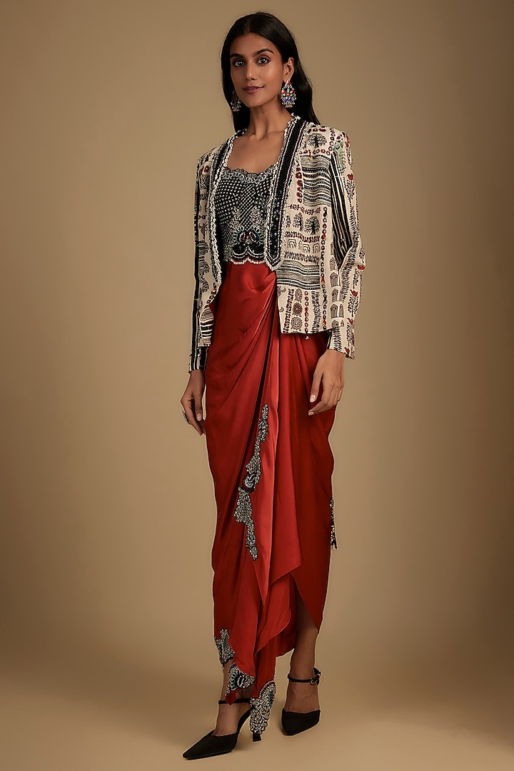 Orange Satin Sequin Embroidered Jacket Party Wear Dress by Nupur Kanoi at Pernia's Pop Up Shop