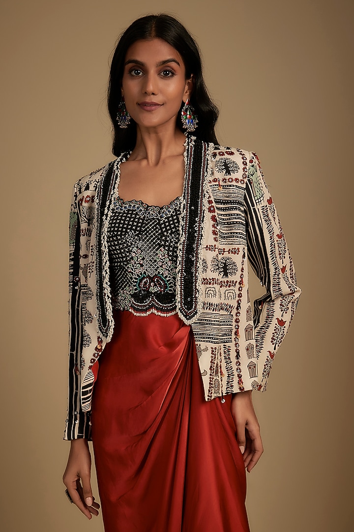 Orange Satin Sequin Embroidered Jacket Party Wear Dress by Nupur Kanoi at Pernia's Pop Up Shop