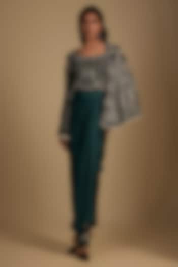 Teal Satin Sequin Hand Embroidered Jacket Party Wear Dress by Nupur Kanoi at Pernia's Pop Up Shop