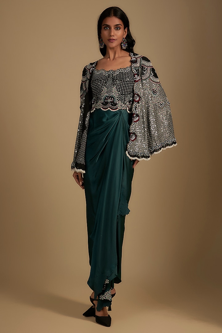 Teal Satin Sequin Hand Embroidered Jacket Party Wear Dress by Nupur Kanoi at Pernia's Pop Up Shop