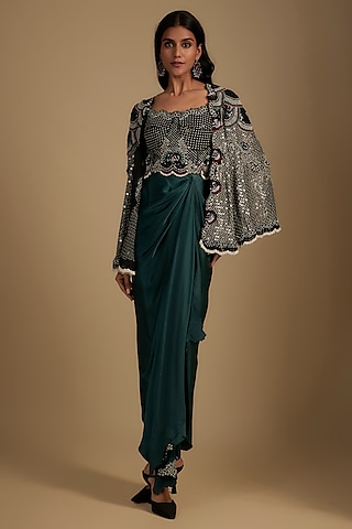 Teal Satin Sequin Hand Embroidered Jacket Dress by Nupur Kanoi