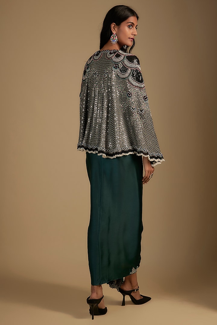 Teal Satin Sequin Hand Embroidered Jacket Party Wear Dress by Nupur Kanoi at Pernia's Pop Up Shop