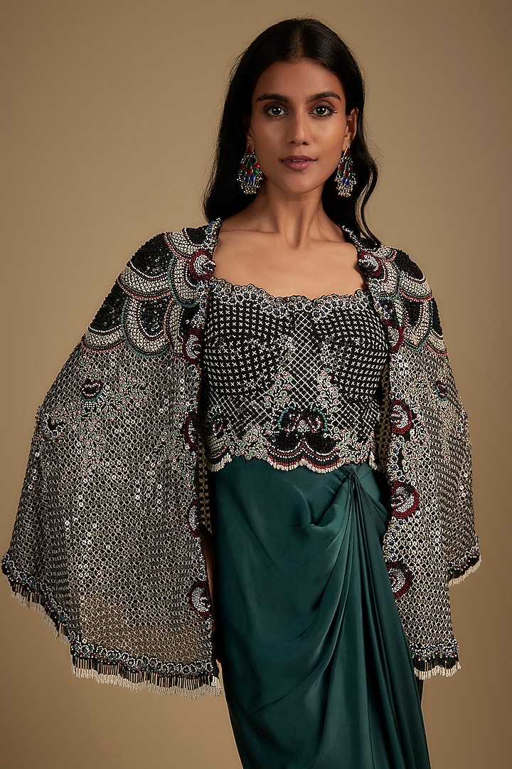 Teal Satin Sequin Hand Embroidered Jacket Party Wear Dress by Nupur Kanoi at Pernia's Pop Up Shop