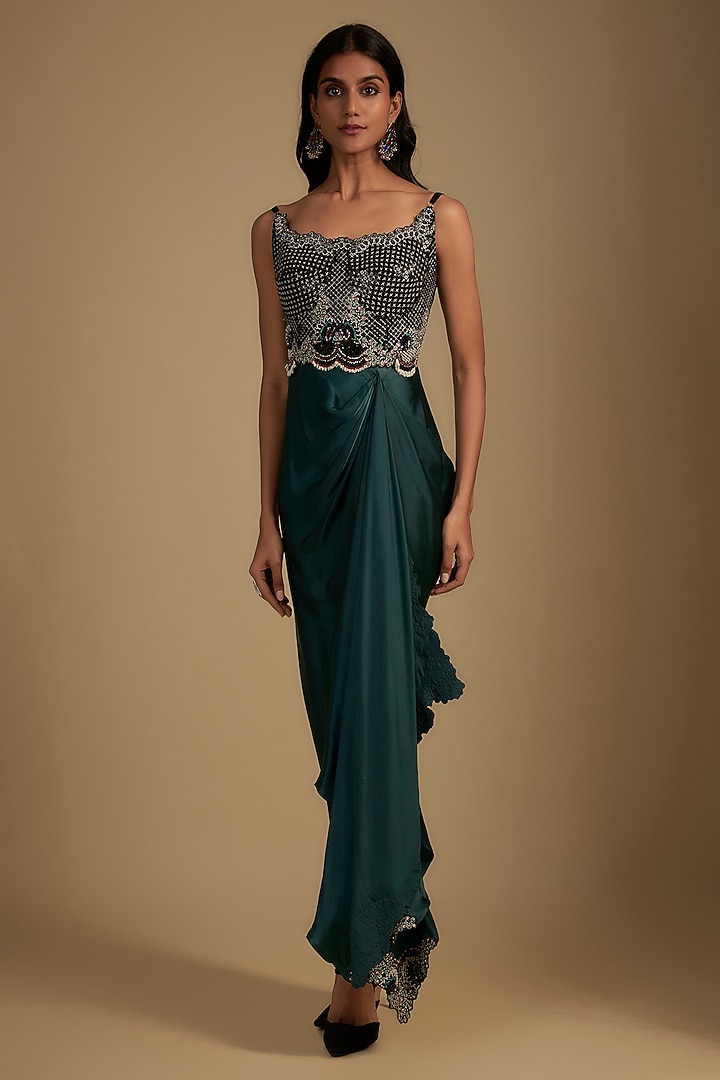 Teal Satin Sequin Hand Embroidered Jacket Party Wear Dress by Nupur Kanoi at Pernia's Pop Up Shop