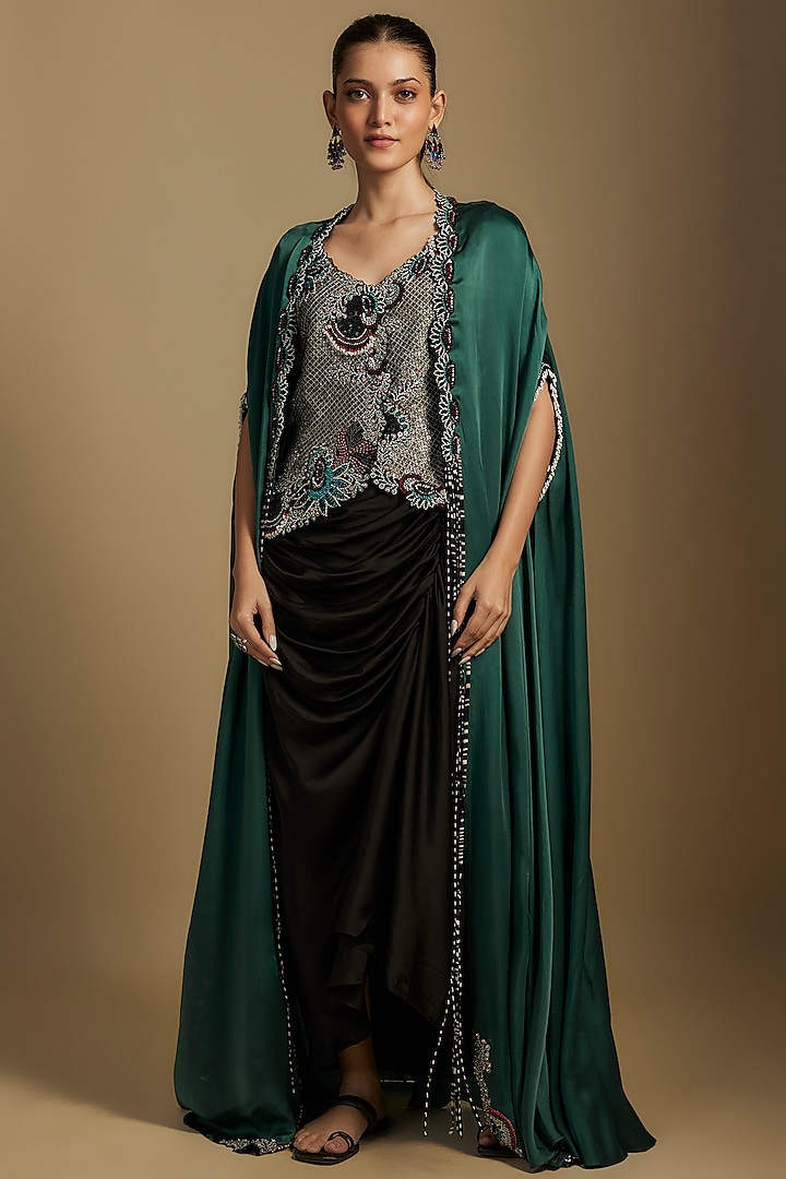 Teal Satin Cape Set by Nupur Kanoi at Pernia's Pop Up Shop