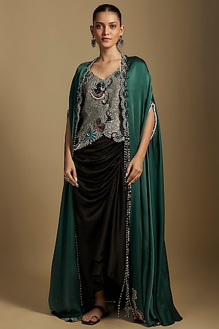 Teal Satin Cape Set by Nupur Kanoi