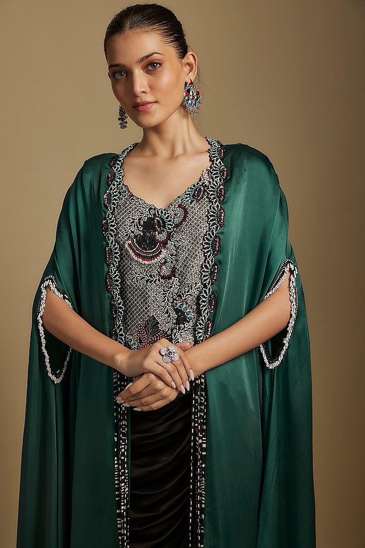 Teal Satin Cape Set by Nupur Kanoi at Pernia's Pop Up Shop