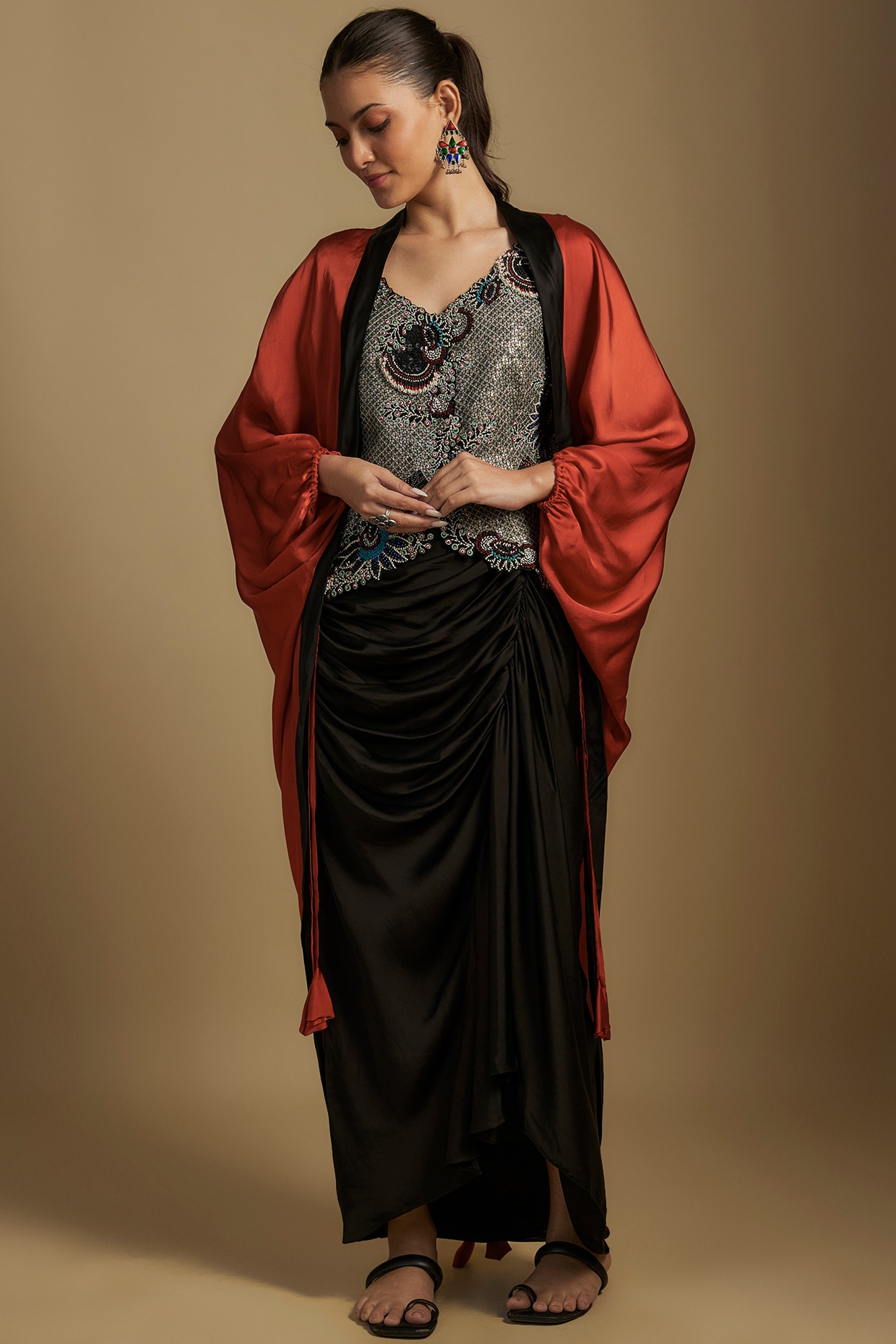 NOI-CH320B NAVY SATIN GATHERED SKIRT