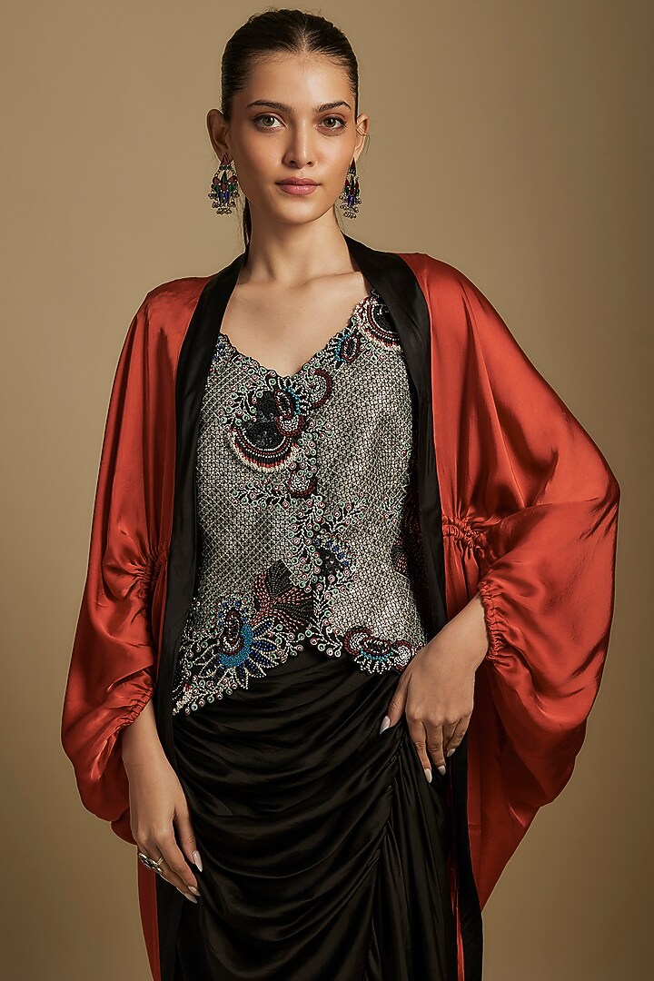 Black Satin Gathered Skirt Set by Nupur Kanoi at Pernia's Pop Up Shop