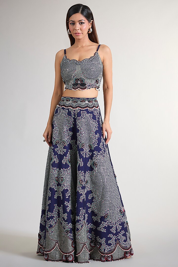 Navy Blue Silk & Crepe Embroidered Pant Set by Nupur Kanoi at Pernia's Pop Up Shop