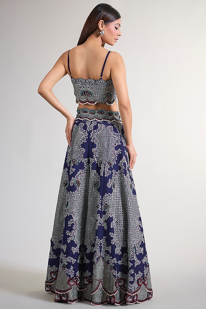 Navy Blue Silk & Crepe Embroidered Pant Set by Nupur Kanoi at Pernia's Pop Up Shop