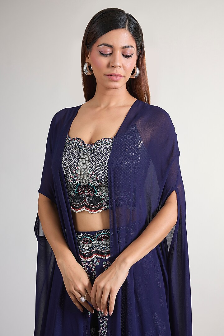 Navy Blue Silk & Crepe Embroidered Pant Set by Nupur Kanoi at Pernia's Pop Up Shop