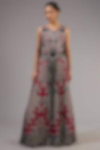 Burgundy Crepe Hand Embroidered Skirt Set by Nupur Kanoi at Pernia's Pop Up Shop