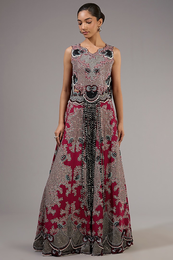 Burgundy Crepe Hand Embroidered Skirt Set by Nupur Kanoi at Pernia's Pop Up Shop