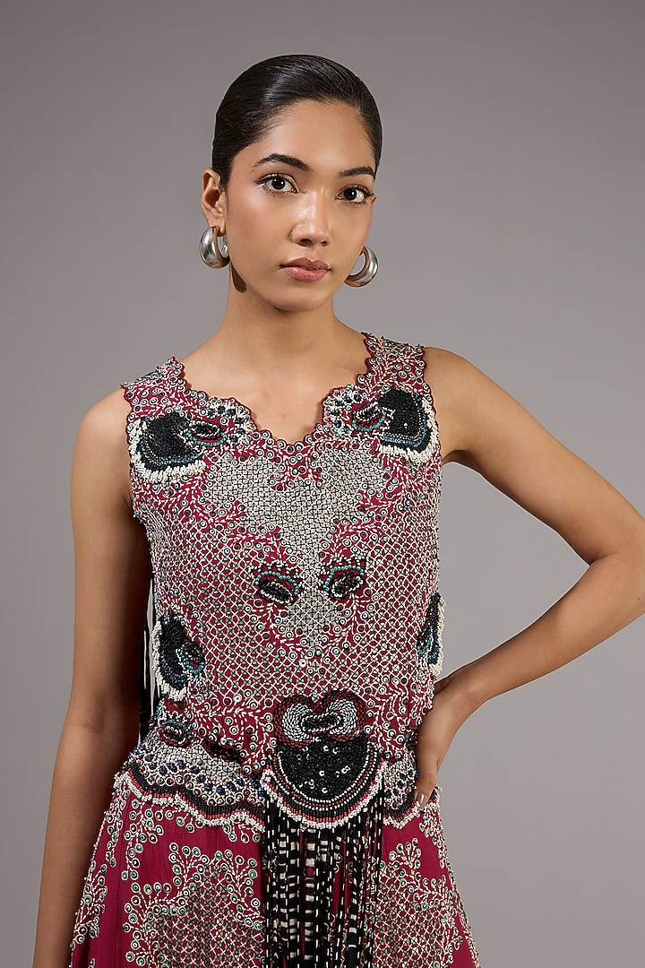 Burgundy Crepe Hand Embroidered Skirt Set by Nupur Kanoi at Pernia's Pop Up Shop