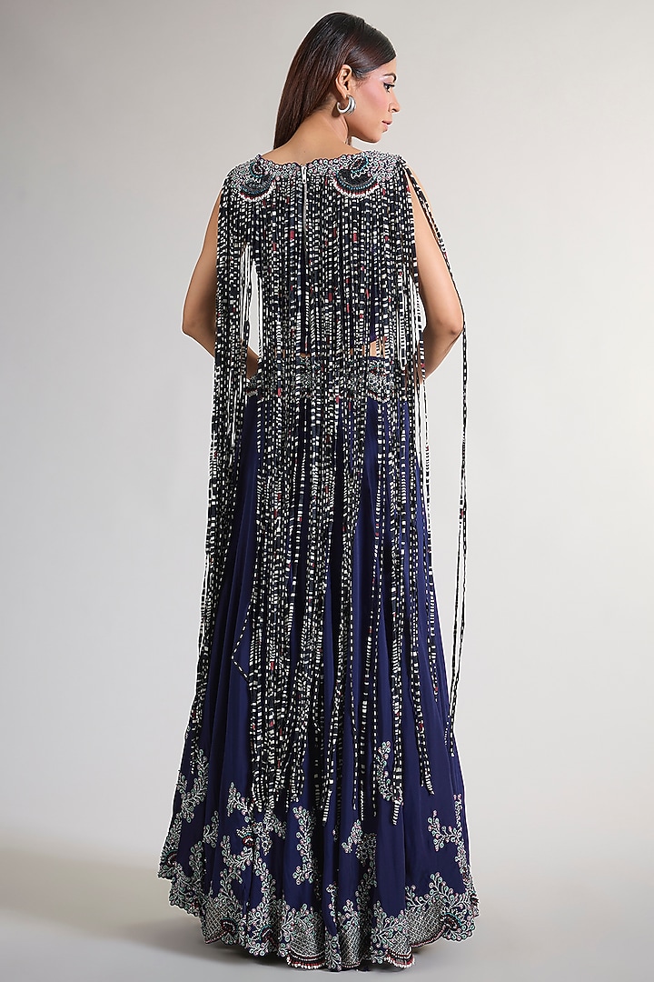 Navy Blue Crepe & Lycra Hand Embroidered Bridal Sharara Set by Nupur Kanoi at Pernia's Pop Up Shop