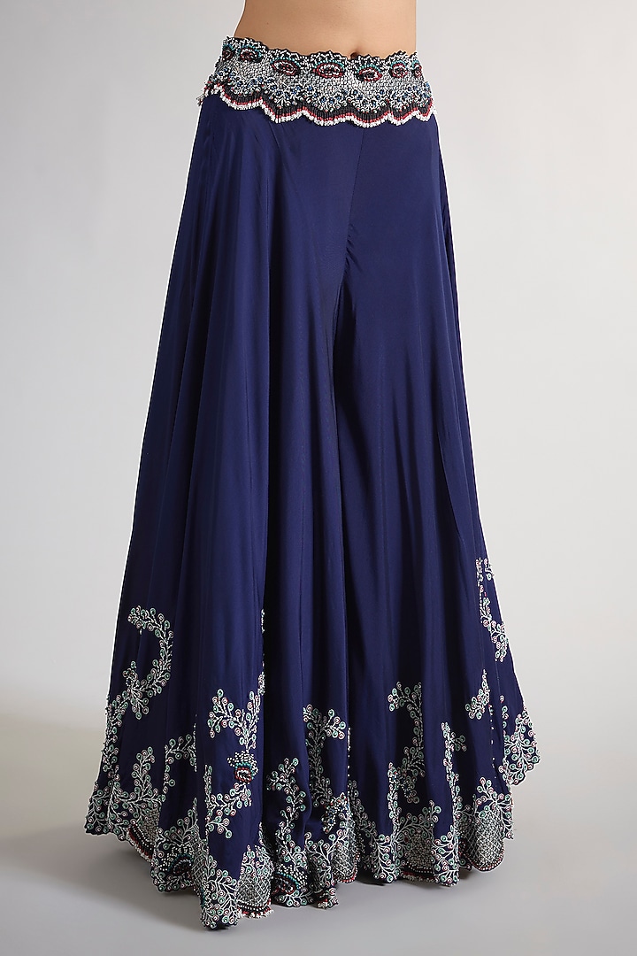 Navy Blue Crepe & Lycra Hand Embroidered Bridal Sharara Set by Nupur Kanoi at Pernia's Pop Up Shop
