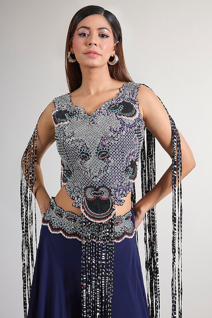 Navy Blue Crepe & Lycra Hand Embroidered Bridal Sharara Set by Nupur Kanoi at Pernia's Pop Up Shop