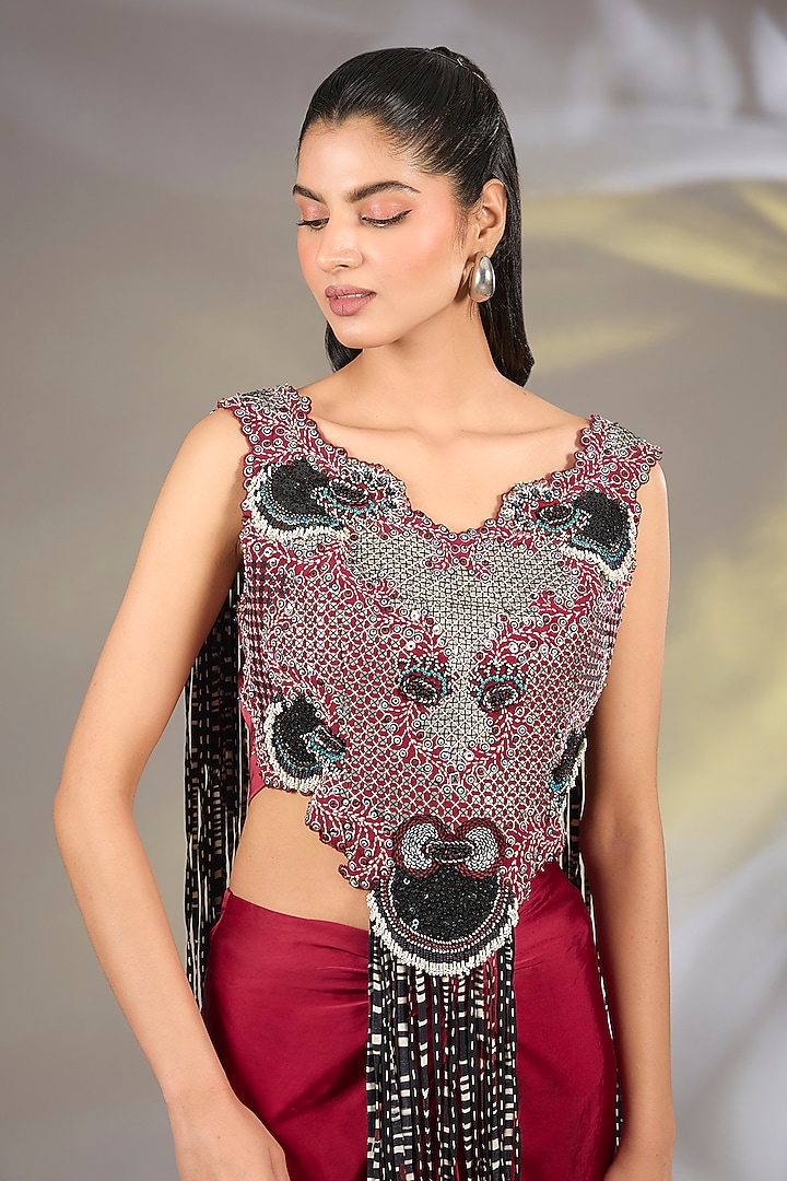 Burgundy Satin Pick-Up Skirt Set by Nupur Kanoi at Pernia's Pop Up Shop