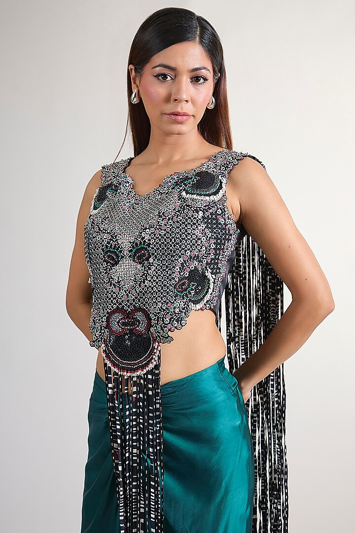 Teal Crepe & Lycra Hand Embroidered Skirt Set by Nupur Kanoi at Pernia's Pop Up Shop