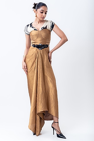 Gold Banarasi Silk & Chiffon Dress by Nupur Kanoi