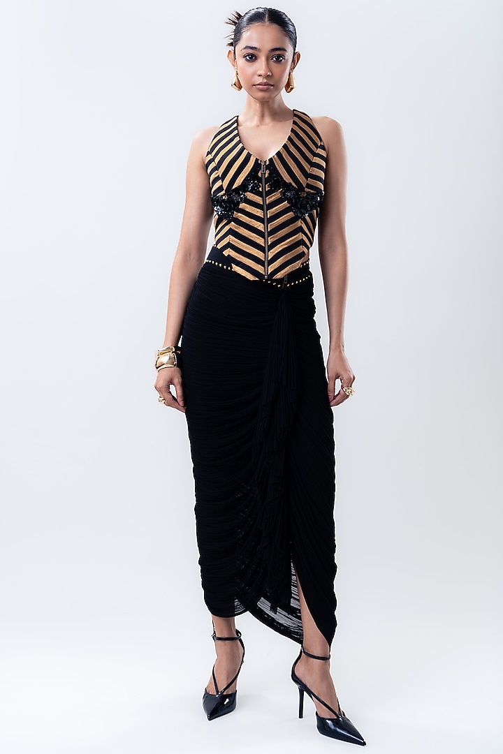 Black Banarasi Silk & Chiffon Frilled Skirt Set by Nupur Kanoi at Pernia's Pop Up Shop