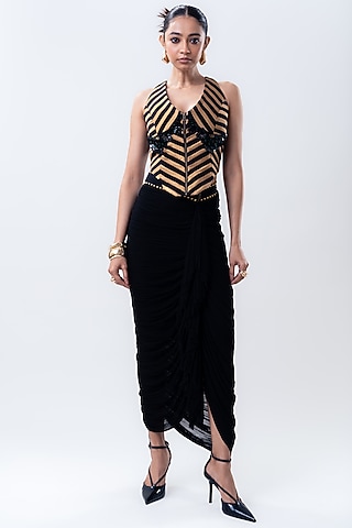 Black Banarasi Silk & Chiffon Frilled Skirt Set by Nupur Kanoi