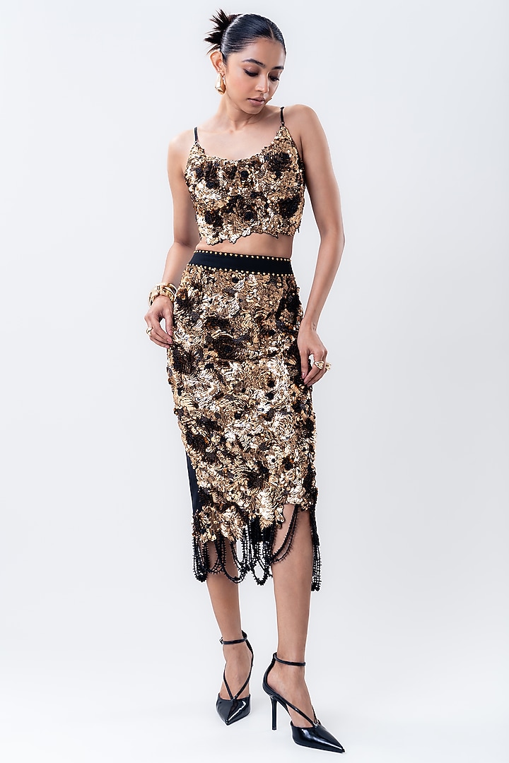 Golden Crepe & Lycra Embroidered Skirt Set by Nupur Kanoi at Pernia's Pop Up Shop