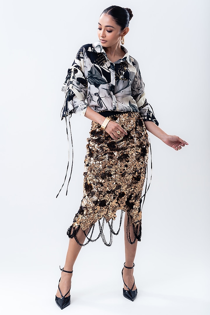 Gold Crepe & Lycra Pencil Sequins Skirt Set by Nupur Kanoi at Pernia's Pop Up Shop