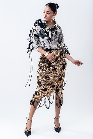 Gold Crepe & Lycra Pencil Sequins Skirt Set by Nupur Kanoi