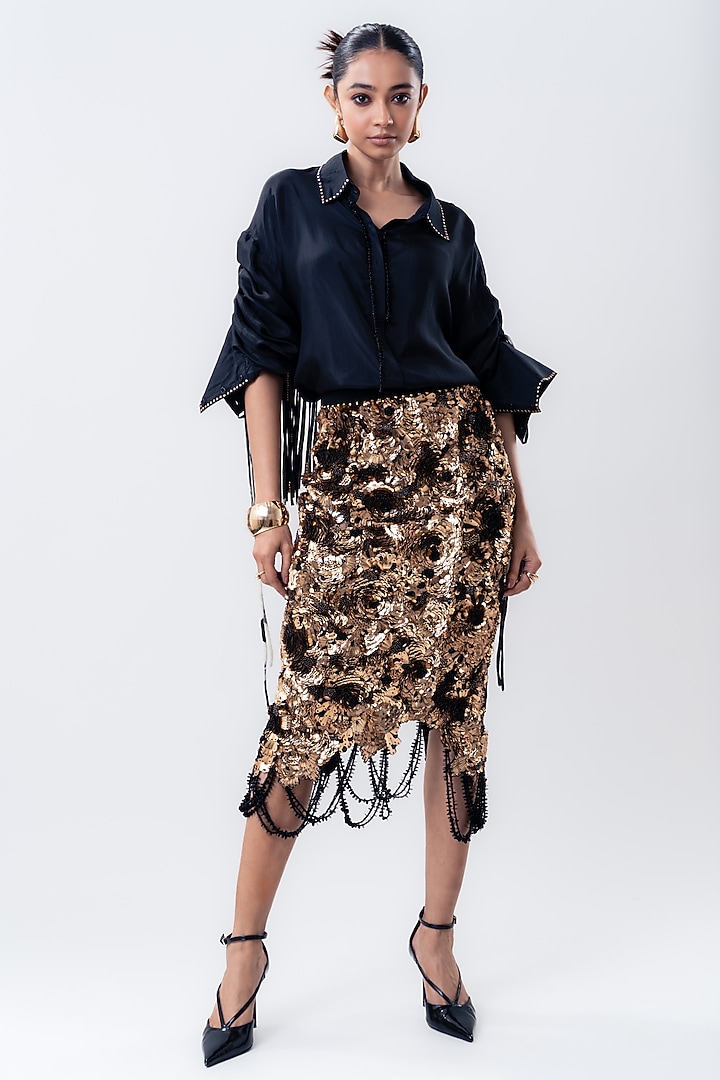 Gold Crepe & Lycra Pencil Sequins Skirt Set by Nupur Kanoi at Pernia's Pop Up Shop