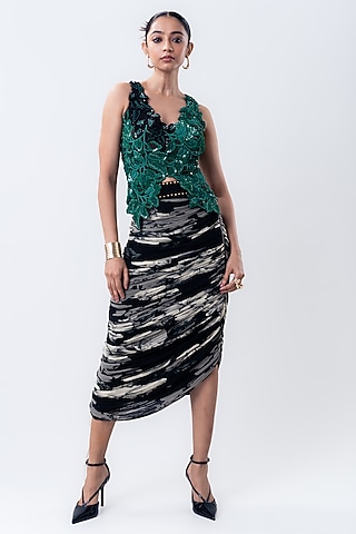 Black Crepe & Chiffon Printed Skirt Set by Nupur Kanoi