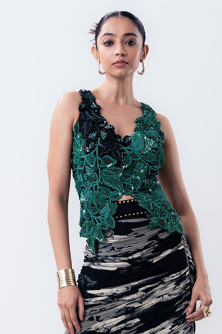 Black Crepe & Chiffon Printed Skirt Set by Nupur Kanoi at Pernia's Pop Up Shop