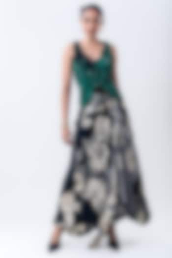 Black Crepe & Satin Printed A-Line Skirt Set by Nupur Kanoi at Pernia's Pop Up Shop